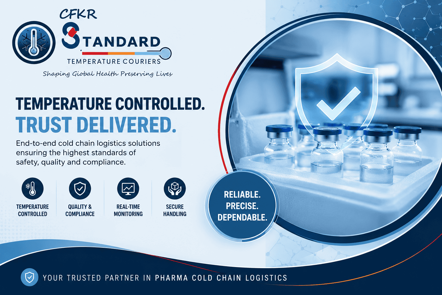 Premium cold chain logistics banner featuring CFKR STC Couriers branding, temperature-controlled pharmaceutical transportation, vaccine vials in cold storage, real-time monitoring, compliance, and secure pharma logistics solutions in India.
