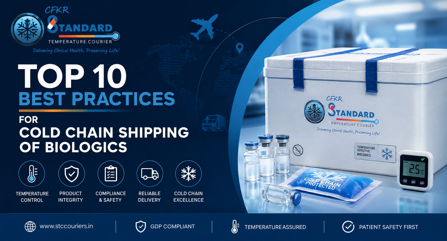 Premium cold chain shipping of biologics featuring insulated packaging, biologics vials, temperature monitoring device, and STC Couriers cold chain logistics solutions.