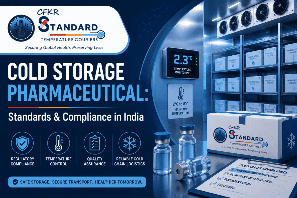 Premium illustration of a pharmaceutical cold storage facility with temperature monitoring, refrigerated warehouse, medicine vials, and compliance elements by STC Couriers.