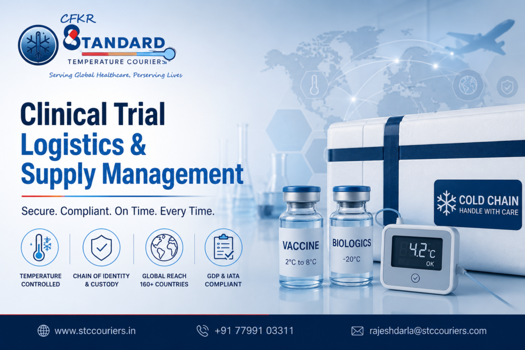 Clinical Trial Logistics & Supply Management by CFKR STC Couriers with temperature-controlled packaging, vaccine vials, cold chain logistics, and pharmaceutical supply chain solutions.