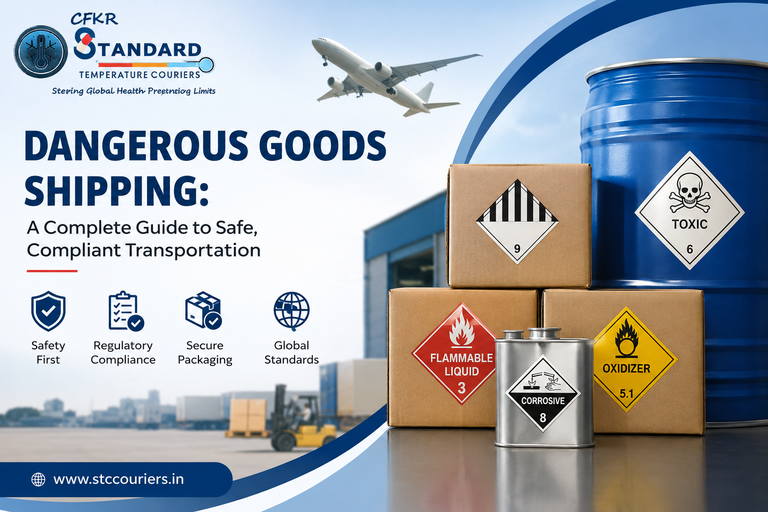 Dangerous goods shipping with hazardous material packages, safety labels, secure packaging, and compliance icons