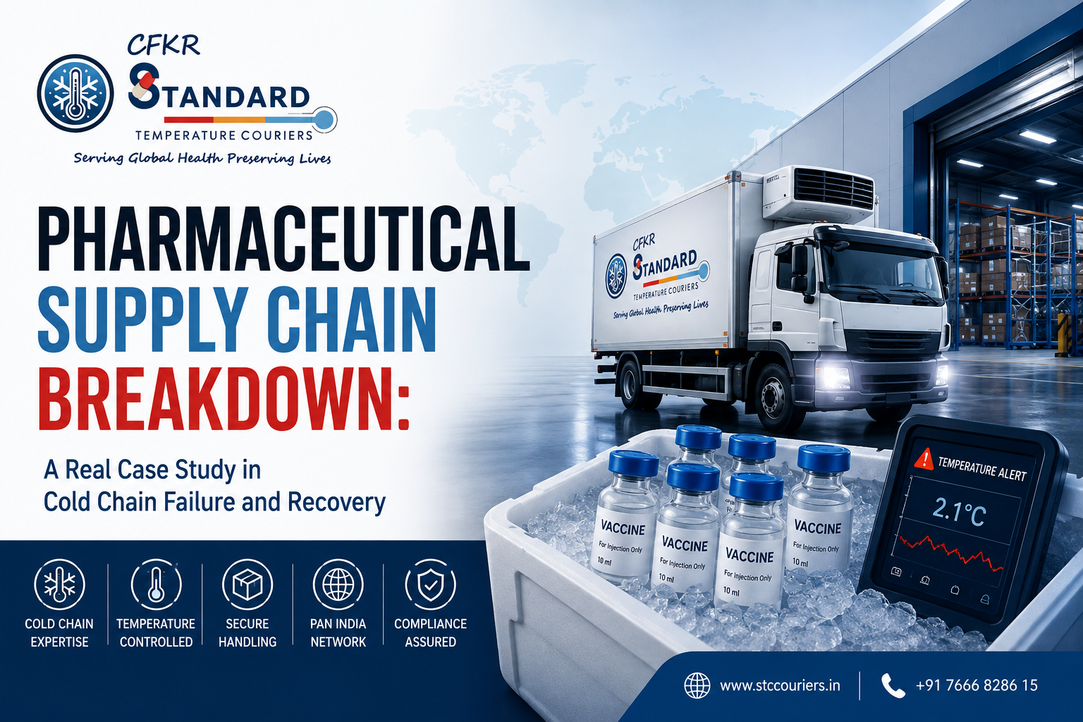 Pharmaceutical supply chain breakdown with refrigerated truck, vaccine cold chain logistics and temperature-controlled courier service