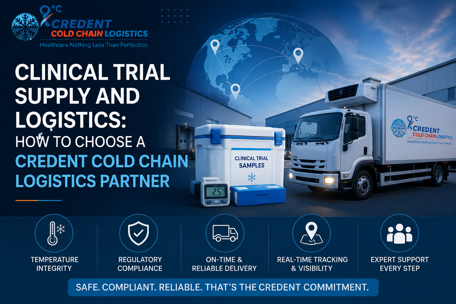 Clinical trial supply and logistics cold chain banner featuring a refrigerated truck, temperature-controlled sample container, global logistics network, and Credent Cold Chain Logistics branding.