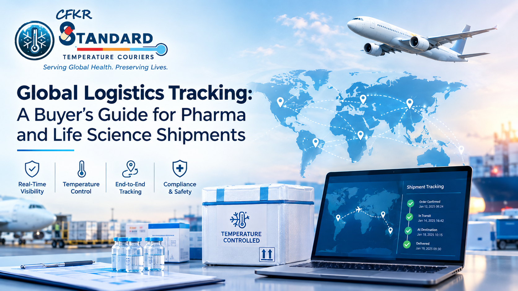 Global logistics tracking for pharma and life science shipments with temperature-controlled packaging and real-time shipment monitoring