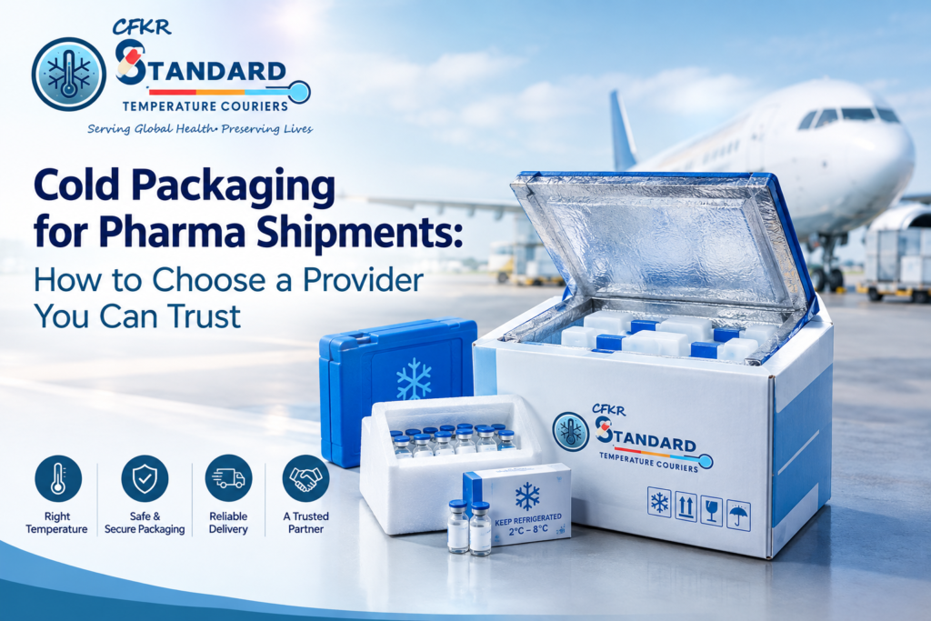 Cold packaging for pharmaceutical shipments with insulated boxes, medicine vials, and temperature-controlled packaging