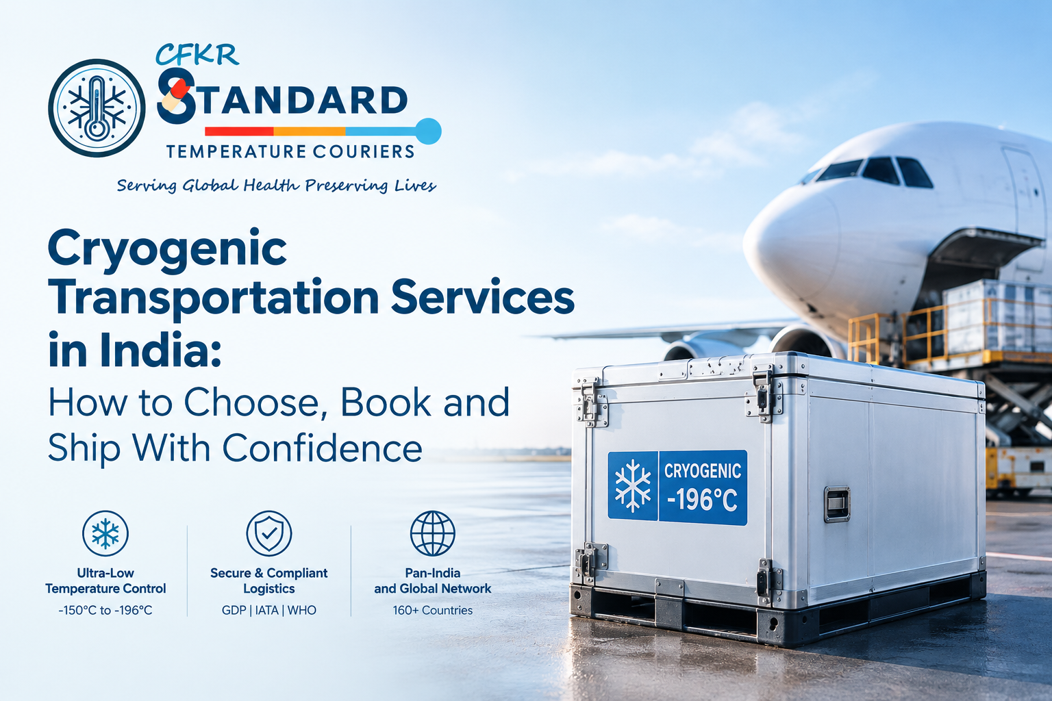 Cryogenic transportation services in India by CFKR STC Couriers featuring a -196°C cryogenic shipping container and cargo aircraft.